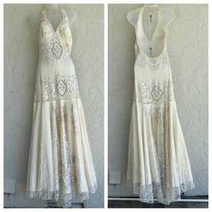 LILLIE RUBIN Wedding Dress Women 2 Vintage Evening Formal Halter Beaded Lace